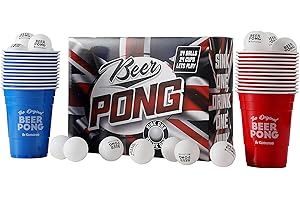 KOMONEE Beer Pong Set 48 PCS Union Jack Colours American Adult Indoor Novelty Party Drinking Game 24 Re-usable Cups and 24 High Bounce Balls Great For GB Great Britain Coronation