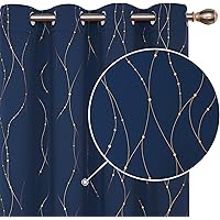 Deconovo Gold Linie mit Punkt Verdunkelungsvorhang mit Ösen Wohnzimmer mädchen 138x117 cm Dunkelblau 2er Set