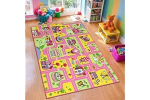‎CAPSLPAD Capslpad Kinder Teppiche,Rosa Spielteppich für Kinder Stadtstadt Straße 160x100cm Kinderteppich Spielmatte Lernbereich Teppich Pädagogischer Spielteppich für Mädchen Kinderzimmer Spielzimmer