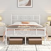 Yaheetech Metal Double Bed with Headboard for Mattress 135 x 190 cm White | Double Steel Bed Frame with Headboard Storage Spa