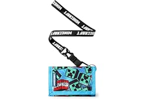 Minecraft Boys Strap Wallet | Blue Trifold Wallet with TNT Block and Creeper Graffiti Print for Kids | Childrens Cash & Card Holder Logo Strap | Mojang Video Game Merchandise Gift