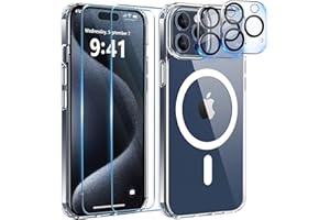 YisrLery 5 in 1 Magnétique Coque Compatible avec iPhone 15 Pro Max Aimantée avec 2 Verres Trempés et 2 Caméra Protecteur, Compatible MagSafe Dos Anti Rayures Antichoc TPU Bumper Case (Transparent)
