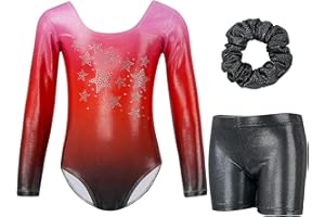 Gogokids Mädchen Dreiteilige Gymnastikanzüge, Langärmliges Gymnastik Set mit Shorts und Haarband, Glitzernde Balletteinheitstrikots - Gymnastik Outfit mit Farbverlaufdesign für 3-12 Jahre
