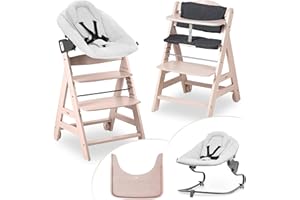 hauck Seggiolone Beta+ Newborn Set Premium da 0 Mesi - Seggiolone Legno Evolutivo, con Sdraietta Neonati (Dondolo Neonati), Cuscino Seduta, Vassoio - (Sdraietta: Grigio chiaro, Whitewashed)