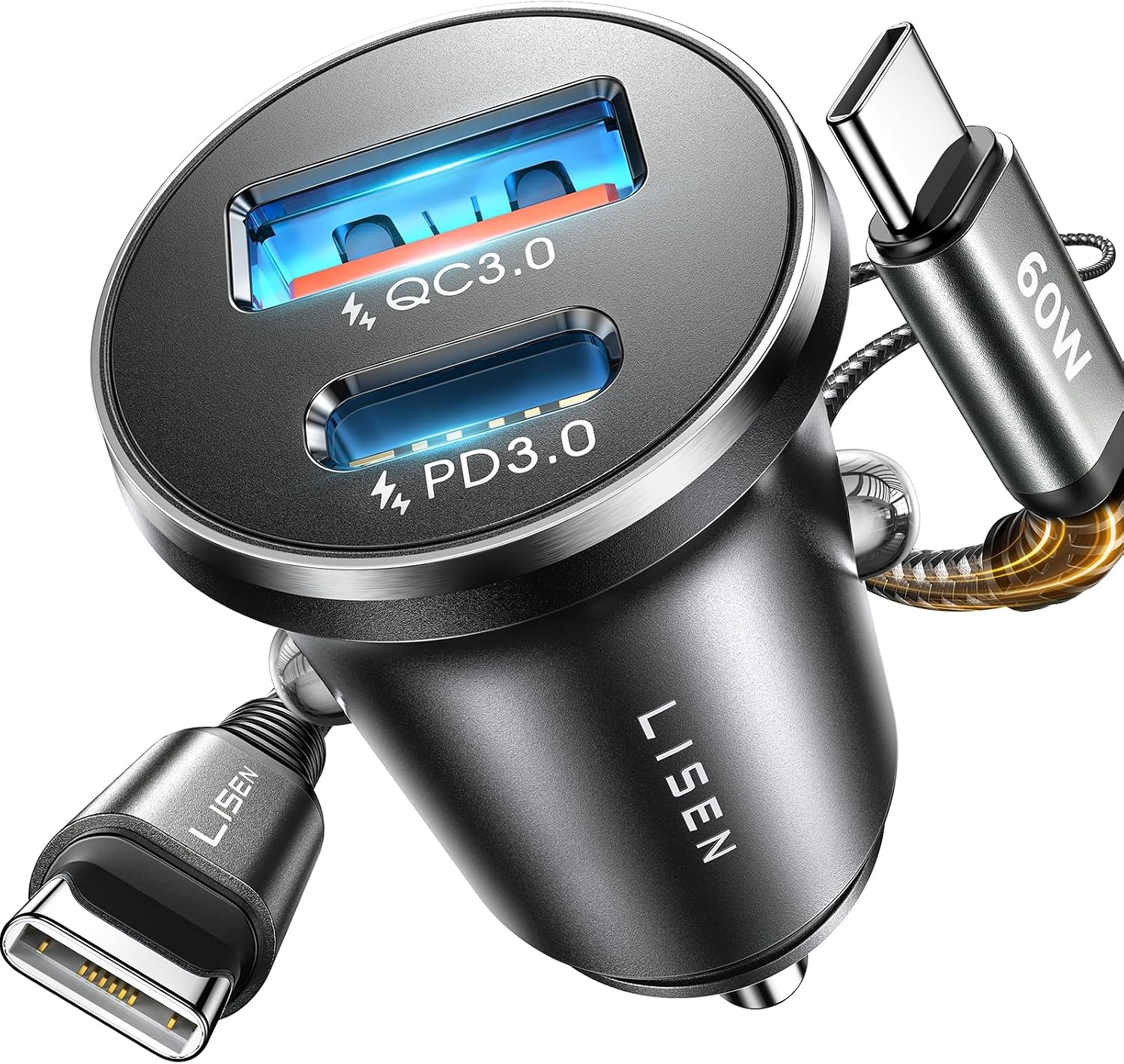 LISEN Cargador Coche Carga Rápida Mechero USB C 69W+60W Cable, Accesorios Coche Camper Electrónicos Flash del Dia, Carregador Isqueiro Carro 12/24V Gadgets para iPhone 17 e 16 Samsung S26 Kindle iPad