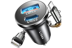 LISEN 69W Cargador Coche Carga Rápida USB C +60W Cable, Accesorios Coche Interior Camper Gadgets Tecnologicos Cargador Mechero Movil Coche 12V para iPhone 17 16 15 Pro Samsung S25 Xiaomi Flash Del Dia