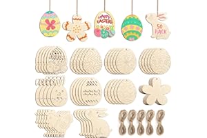 Hinsly 50 Stück Holzanhänger Ostern Basteln Kinder Unvollendete Ostereier Hasen Huhn Blume für zum aufhängen Osterdeko Holz
