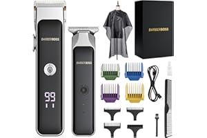 BarberBoss Cortapelos y barba portátil para hombre, con hoja de cerámica, esfera de precisión, peines guía, carga USB, pantalla rojo/verde, QR-2682