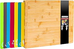 Winged Sirius 8 in 1 Extra Large Bamboo Wooden Chopping Boards Set with 7 Colour Coded PP Mats (Meat Bread Fish Cheese Dairy) Organic Antibacterial Odour Resistant Dishwasher Safe (42 X 34 X 3.5cm)