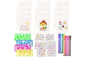 CARREUTY 12 Stück Stoffbeutel zum Bemalen für Kinder, 17×13cm DIY Kinder Umhängegeldbeute mit 4 DIY Malschablonen 12 Buntstifte 4 Blatter Diamant-Aufkleber, Kleine Schultertaschen für Schule Party Geburtstag