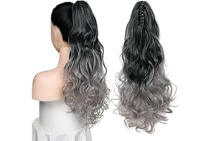 Cybelleza 45cm Extension Queue de Cheval Pince Ponytail Postiche de Cheveux Bouclés Ondulé Synthétiques Longue Queue de Cheval Extensions de Cheveux pour Femme, Noir Ombre Gris