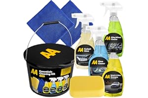 AA CAR ESSENTIALS AA Car Cleaning Kit, 8-Piece Set with 4 Cleaners, Microfibre Cloths, Sponge and Bucket