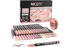 NICETY 32 Couleurs Feutres Acryliques – Stylos Pinceaux pour Peinture sur Pierre, Bois, Verre, Céramique – Pointe Pinceau 1-6mm, Marqueurs Acryliques set à Base d’Eau pour Adultes (peau)