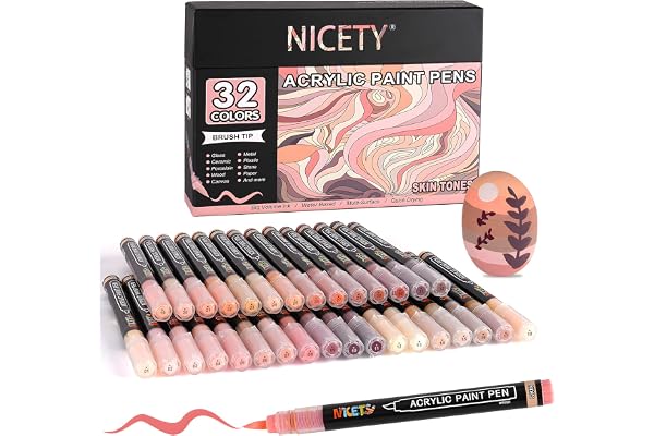 NICETY 32 Couleurs Feutres Acryliques – Stylos Pinceaux pour Peinture sur Pierre, Bois, Verre, Céramique – Pointe Pinceau 1-6mm, Marqueurs Acryliques set à Base d’Eau pour Adultes (peau)