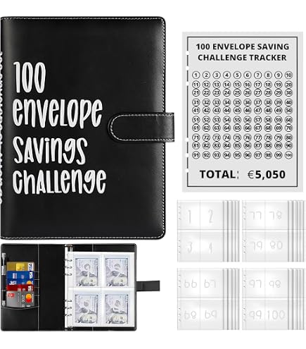Classeur Défi 100 Enveloppes – Économisez 5 050 € Facilement Et Avec Plaisir – Kit Budget Fun En Noir (100 Enveloppes + Reliure)