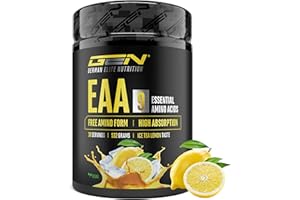 GEN GERMAN ELITE NUTRITION Poudre d’EAA 532 g (38 portions) - Les 9 acides aminés essentiels incl. histidine & BCAA - Formule Human Code - Végane - Très bonne solubilité - Boisson d’acides aminés rafraîchissante (Ice Tea Lemon)