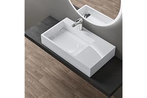 doporro Lavabo Sospeso Rettangolare Lavabo da Appoggio con Foro Rubinetto in Marmo Resina Bianco Lucido per Bagno Vasca a Sinistra 75x43x14cm, Colossum12-750L