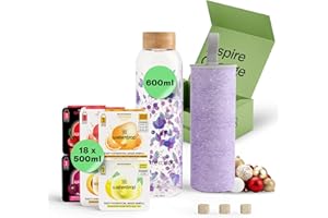 WATERDROP MICRODRINK waterdrop® Starter Set, Botella de Vidrio 600ml + 18 Cubos Microdrinks, Saborizantes para agua, Pastillas en 6 Sabores Aromatizados, 0 Azúcar, Botella para Agua