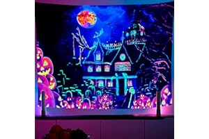 OSVINO Lumière noire Château Tapisserie 150X200CM Citrouille Chauve souris Psychédélique Tentures Halloween Réactif aux UV Néon Tapisserie murale pour Chambre Salon Dortoir