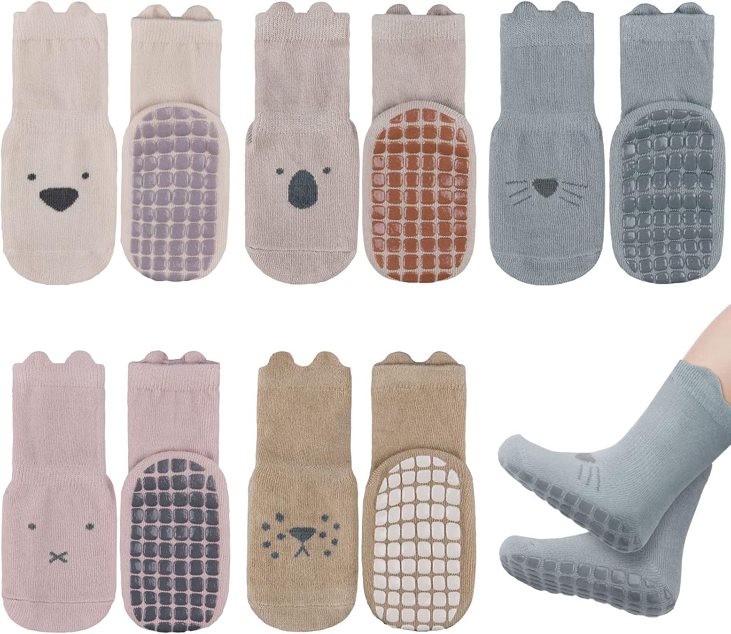 Vicloon Calcetines de Algodón Antideslizantes para Bebés, 5 Pares, Deportivos de 0 a 12 Meses