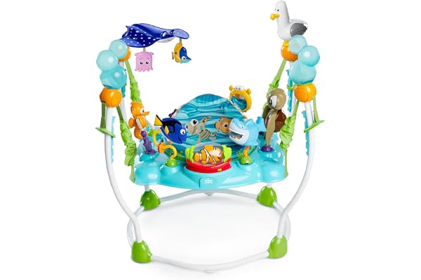 Bright Starts, Disney Baby, L'Aire d'Eveil à Rebonds Le Monde de Nemo, 13+ jouets et activités, trotteur avec musique et lumières, siège rotatif à 360 degrés, réglable, 6 Mois et Plus