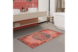 ‎WECON HOME Waschbarer und Rutschfester Vintage Badezimmerteppich von WECONhome mit orientalischem Muster - Eleganz und Komfort für jedes Bad - Healing (60 x 100 cm, rot)