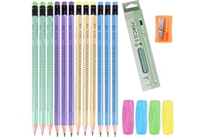 ZNGOU 17Pcs HB Pencil Set, 12Pcs Presharpened Wood Triangle Shaped Cute Pencils With Rubber Eraser, 1 Sharpener, 4 Grips for School Children Kids Writing Sketching Drawing Art and Craft