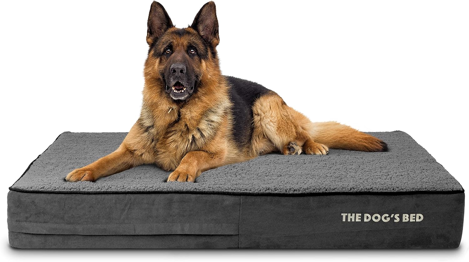 The Dog’s Bed Orthopaedic Memory Foam Dog Bed for XL Dogs, Waterproof Washable Cover, Anti-Slip Base, Calming Surface – CertiPUR-Certified Foam, Grey Plush, 15cm Thick