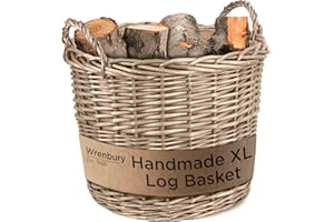 Wrenbury Extra Large Wicker Log Basket - 51cm Fireside Log Baskets for Wood Burner Indoor - Round Kindling Fire Wood Basket for Fireplaces with Lining