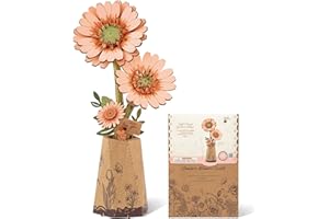 ROBOTIME Puzzle 3D en Bois Fleurs Gerbera Hellorange, Puzzle de Fleurs Artificielles, Kits de Construction pour Adultes de Bricolage, pour la Saint-Valentin, la Fête des Mères et Noël