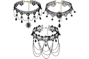 Herdear 3 Pieces Lace Choker Necklace Set Women's Black Lace Chain Vintage Choker Lolita Costume Accessories for Halloween Party
