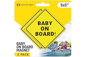 ASSURED SIGNS Baby On Board Magnet for Car - Essential Magnetic Sticker Sign for Bumper - 2 Pack, 5" by 5" - Bright Yellow and Reflective - Best Safety Sign Accessories for Cars