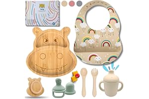 HappyDoo | Set Pappa Svezzamento | 9 Pezzi | Piatto Svezzamento Bambù Naturale | Bavaglino | Vaso in Evoluzione | Posate per Bambini | Regalo Ciuccio Frutta | Set Pappa Bamboom | In Confezione Regalo