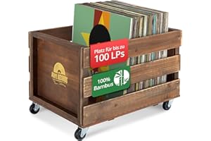 Stagecaptain SPKB-100 BN Bambus Schallplattenkiste “Emil” 3X Set - Aufbewahrungsbox für bis zu 100 LPs - aus Bambus - 4 lenkbare Rollen - auch für vieles andere bis 25 kg verwendbar - Braun