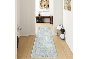 ‎HUGEAR HUGEAR Vintage Blau Waschbarer Teppich 60x180cm LäUfer Flur rutschfest Weich Vorzimmer Tepich Kurzflor Schlafzimmer Retroteppiche KüChe Bedroom Brücken Hallway Carpet