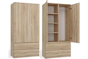 CDF Wardrobe 90 cm Wide Sonoma Oak Children’s Room 2 Drawer 2 Door Modern Wardrobe, Everything for Assembly