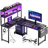 Coleshome L-Shaped Gaming Desk with LED and Plugs, 110&times;80cm, Black | Reversible L-Shaped Gaming Desk with Sockets &amp; USB and S