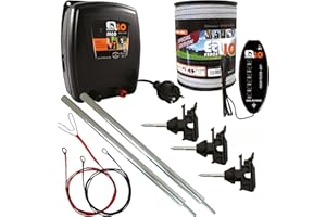 Paddock Ellofence Dispositif de clôture électrique avec ruban de clôture, piquet de mise à terre, isolateurs et testeurs - Appareil extrêmement silencieux, 230 V