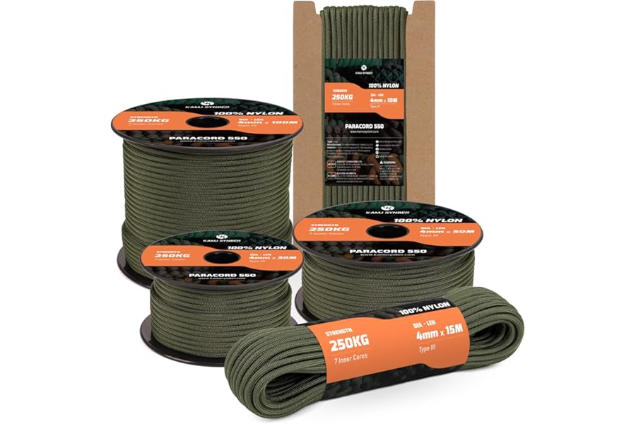 Kamu Synber 550 Paracord 4mm 10m Type III 7 Strands 100% Nylon Rope Parachute Cord Ideal for Crafting, DIY, Camping, Survival, Outdoor | Support 250kg | Army Green