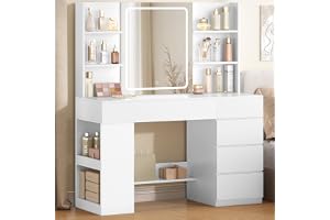 Hzuaneri Sminkbord 108 cm, Sminkbord med Stor HD-spegel och LED-lampor, Sminkbord med 5 Lådor och 6 Öppna Fack, Sidoförvaringshyllor för Sovrum, Modern, Vit, DT44303XEU