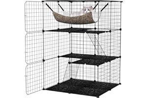 GYMAX Large Cat Cage, 3/4-Tier DIY Cat Enclosure with Hammock, Ladders, Doors & Sky Window, Indoor Metal Wire Detachable Kennel Pet Crate Playpen for Small Animals (Black, 74 x 74 x 107cm)