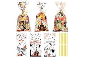 100PCS Halloween Cellophane Bags HCSSZ 13 X 27 CM Cello Sweet Treat Gift Bags With Gold Twist Ties for Halloween Party Supplies Decorations…