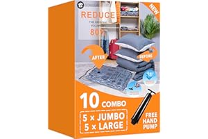 GONGSHI Vacuum Storage Bags (5 x Jumbo, 5 x Large), Space Saver Sealer Compression Bags with Travel Hand Pump for Blankets, Comforters, Pillows, Clothes Storage