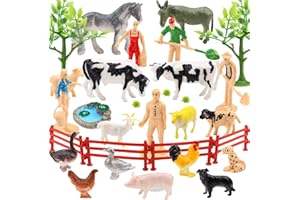 DOITEM Bambini Fattoria Animali Giocattoli per 3 Anni, Animali Figure Set con Assemble Recinzione Agricoltori Alberi Piante Piscina, Realistico Plastica Fattoria Giocattolo Regali per Bambini Ragazzi