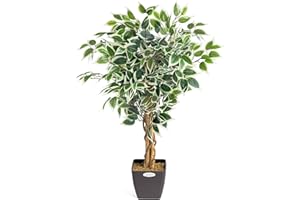 CHRISTOW Artificial Ficus Tree, Fake Weeping Fig House Plant for Home Decoration, Lifelike Variegated Leaves, Natural Wooden Trunk with Twists, Weighted Pot, Indoor Outdoor (90cm / 3ft)