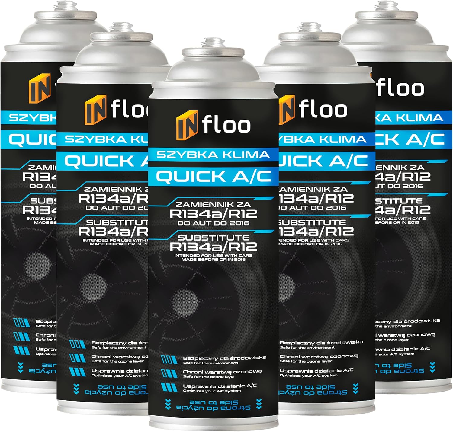 INfloo 5x Quick A/C R134a – Refrigerante 5x185g (1,73 L) + Guantes | Para vehículos hasta 2016 | Sustituto de R134a | Aire acondicionado de coche