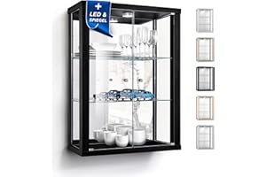 ‎K-MÖBEL K-Möbel Wandvitrine (80x60x25cm) - Made in Germany - Glasvitrine hängend mit 2 höhenverstellbaren Glasböden aus ESG, Spiegel & LED in Schwarz - Schrank mit Glastüren - Hängevitrine Glas