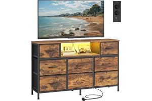 SONGMICS Byrå, TV-Bänk med LED-Belysning och Eluttag, 8 Tyglådor, Stålram