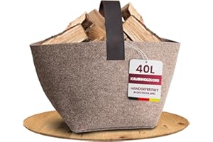 EASY AND GREEN Designer Kaminholzkorb Filz [40L] - Made in Germany Holzkorb für Kaminholz aus Wollfilz mit Echtlederhenkel - Feuerholzkorb standfest und stabil (Beige - 40L)