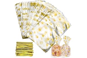 Faburo 120 Stück Plätzchentüten, 23 x 14 cm Kekstüten, Bodenbeutel Weihnachten mit 120 Gold Kabelbindern, Cellophantüten Weihnachten Tüten für Plätzchen Bonbon, Klarsichtbeutel Gebäcktüten